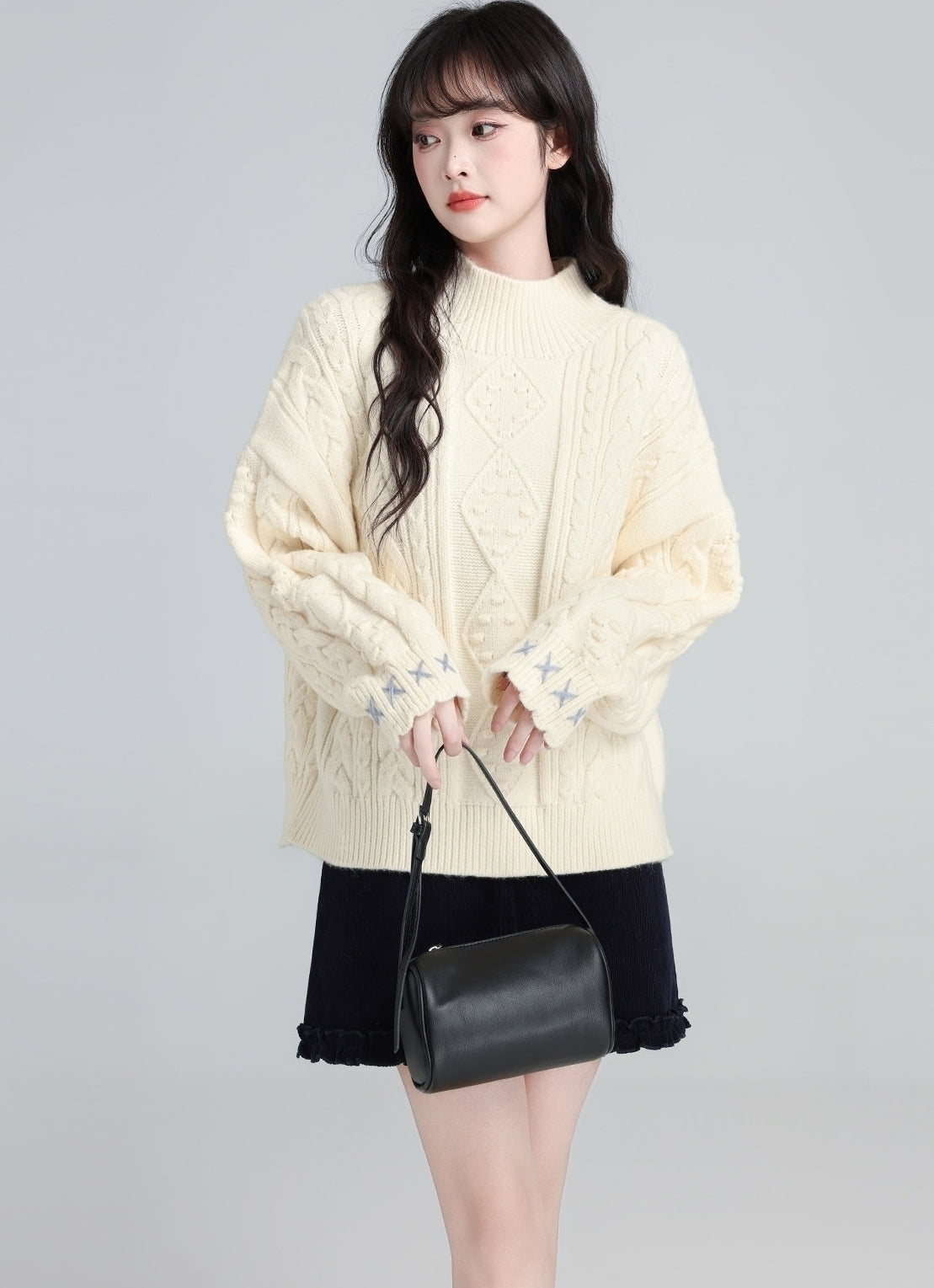 Cream Half Turtleneck Cable Knit Sweater Top
