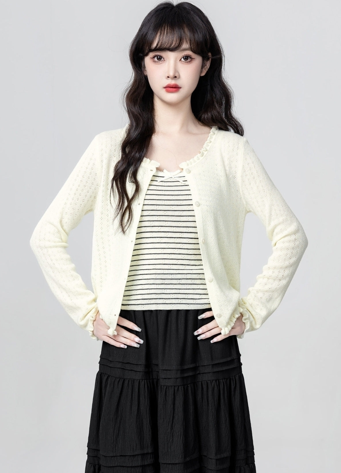 Cream Ruffle Trim Cardigan And Striped Cami Set