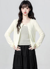 Cream Ruffle Trim Cardigan And Striped Cami Set