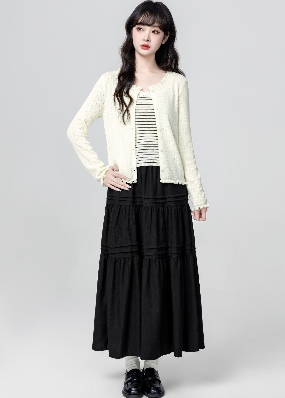 Cream Ruffle Trim Cardigan And Striped Cami Set