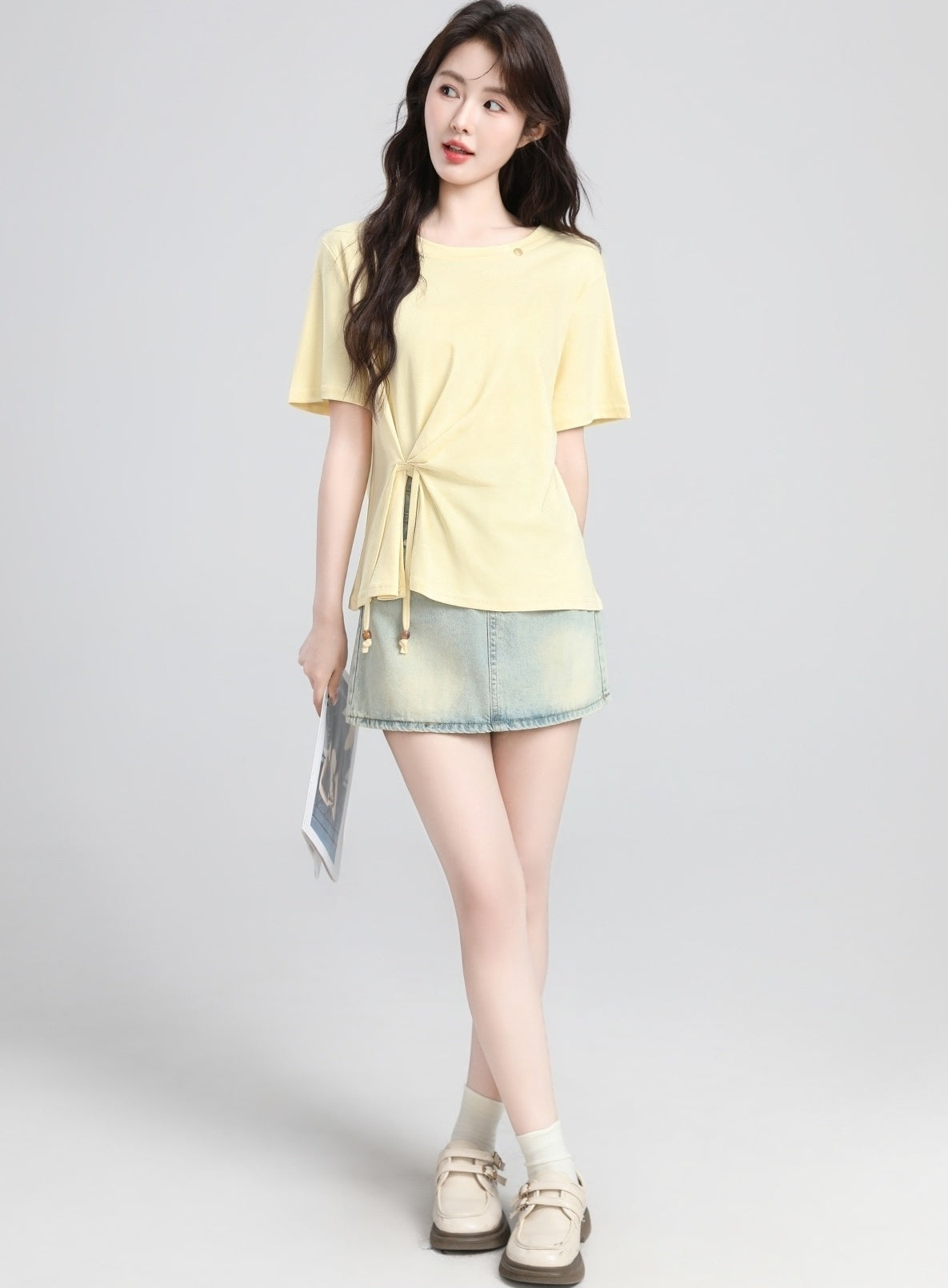 Cream Short Sleeve Irregular Hem Split T Shirt
