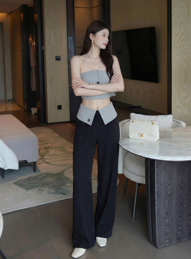 Cream and Black Elegant Pants and Tube Top Set