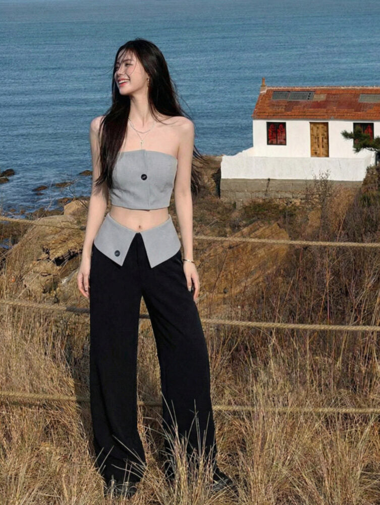 Cream and Black Elegant Pants and Tube Top Set