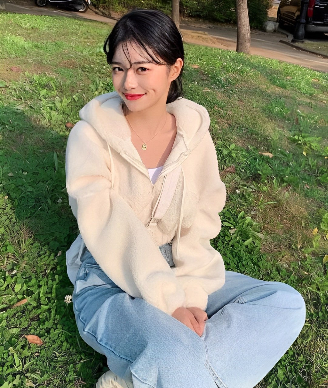 Creamy White Fleece Hooded Cropped Jacket