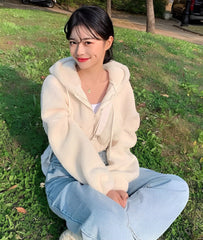 Creamy White Fleece Hooded Cropped Jacket