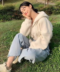 Creamy White Fleece Hooded Cropped Jacket