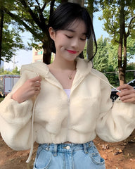 Creamy White Fleece Hooded Cropped Jacket