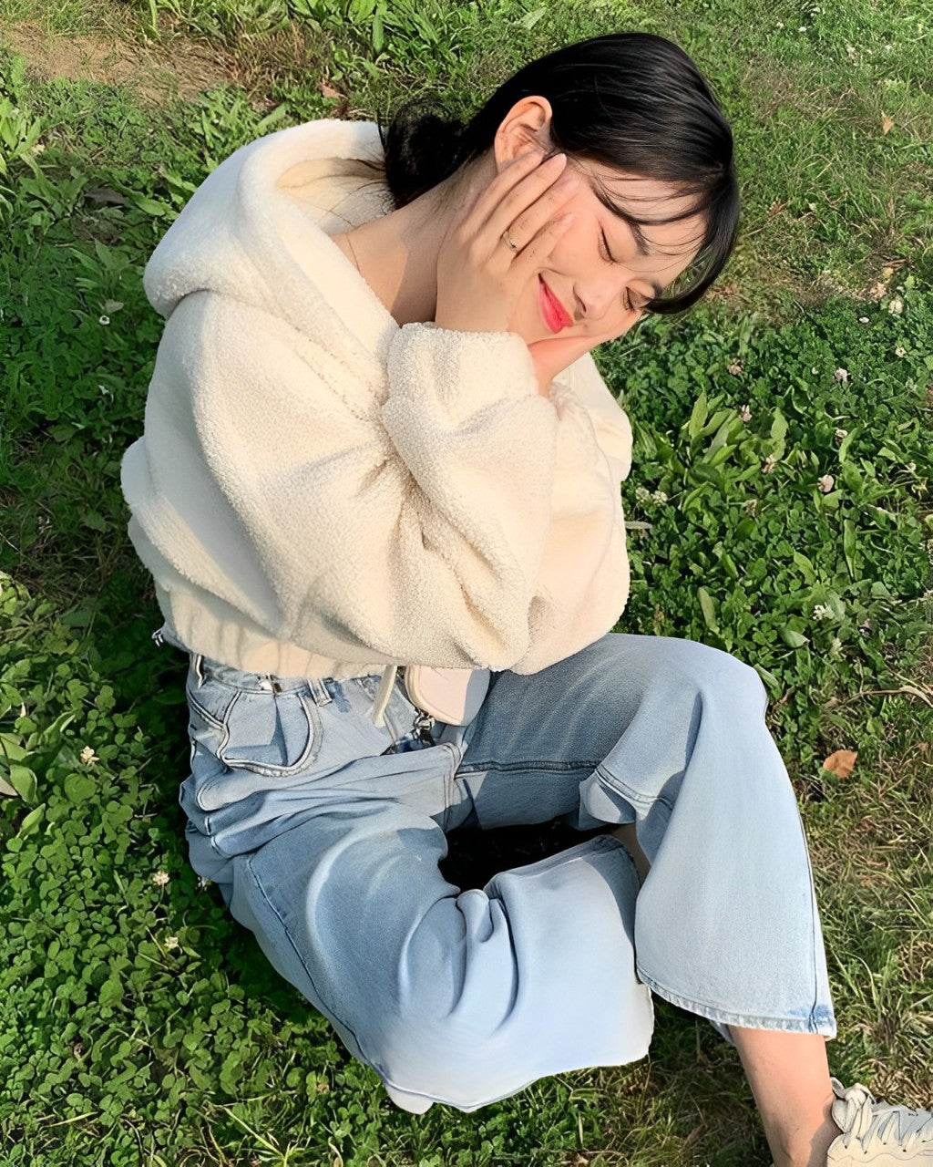 Creamy White Fleece Hooded Cropped Jacket