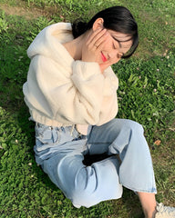 Creamy White Fleece Hooded Cropped Jacket