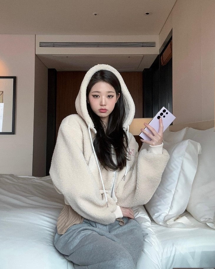 Creamy White Fleece Hooded Cropped Jacket