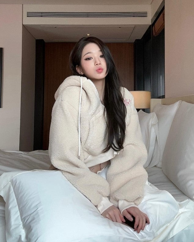 Creamy White Fleece Hooded Cropped Jacket