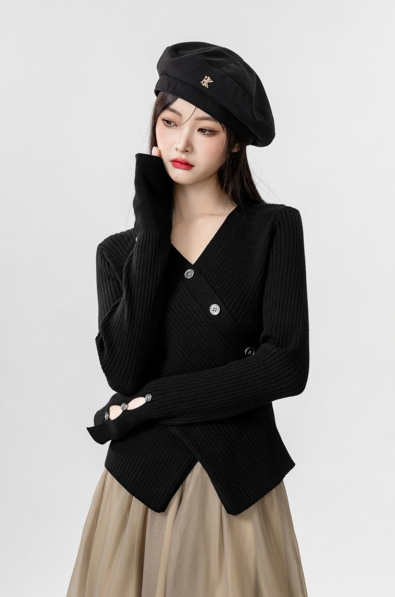 Cross Vneck Black Knit Top