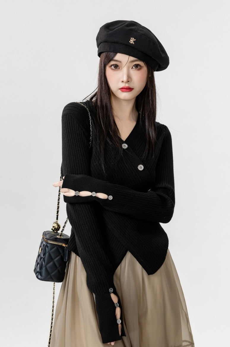 Cross Vneck Black Knit Top