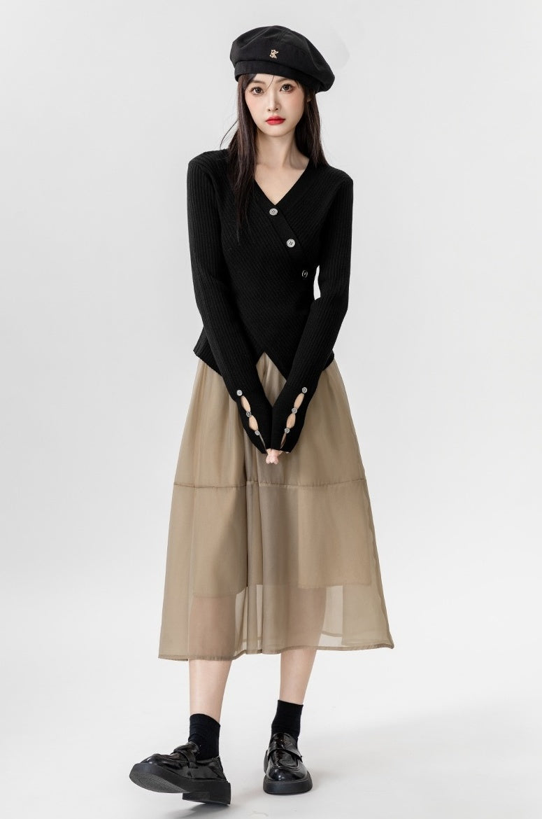 Cross Vneck Black Knit Top