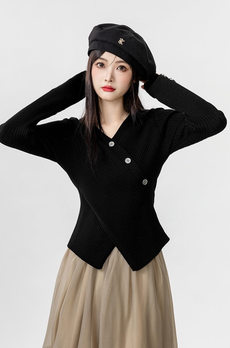 Cross Vneck Black Knit Top