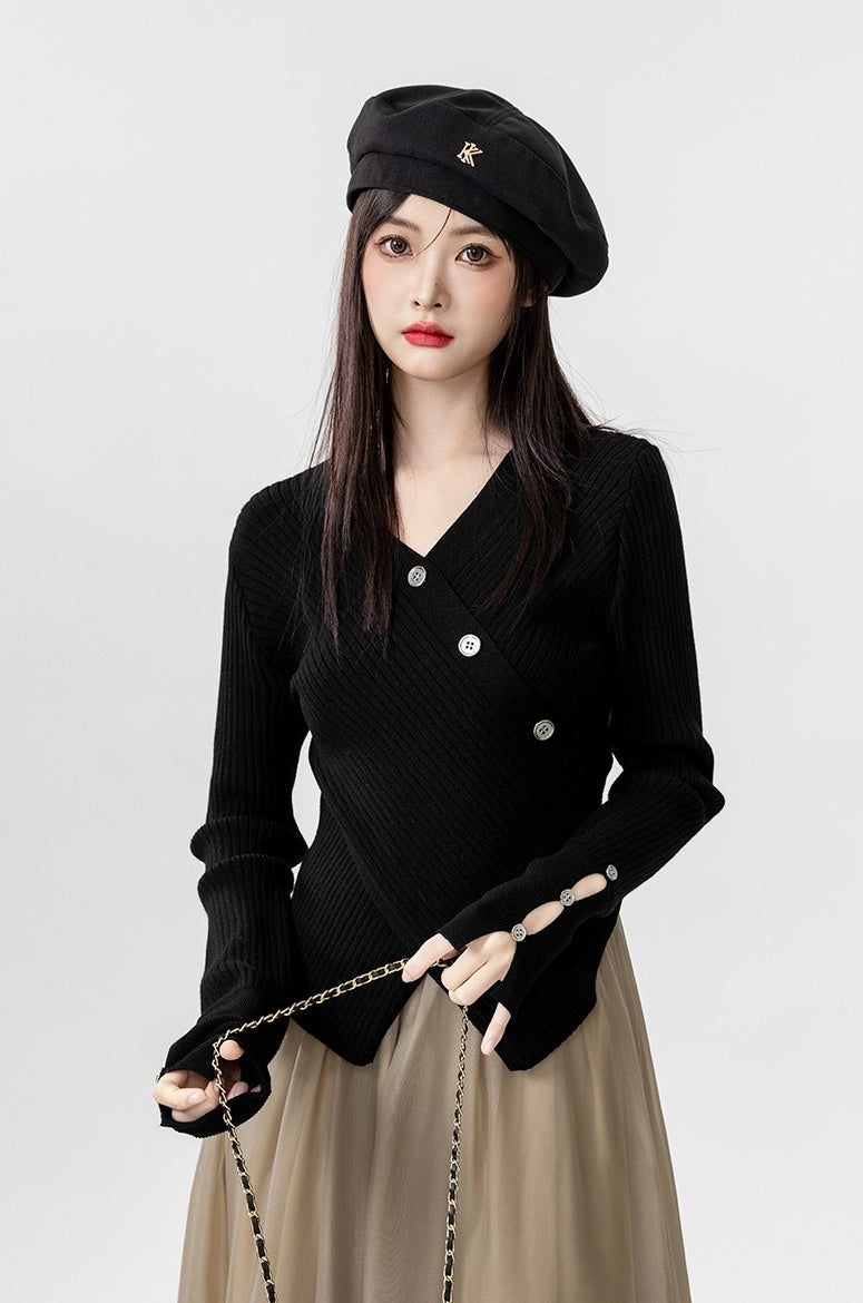 Cross Vneck Black Knit Top