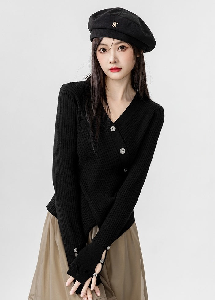 Cross Vneck Black Knit Top