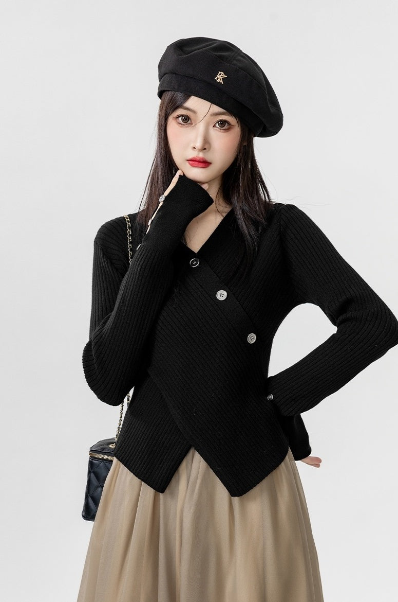 Cross Vneck Black Knit Top