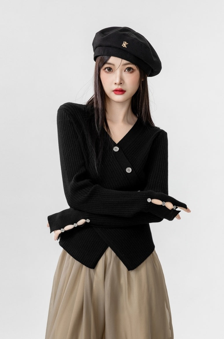 Cross Vneck Black Knit Top