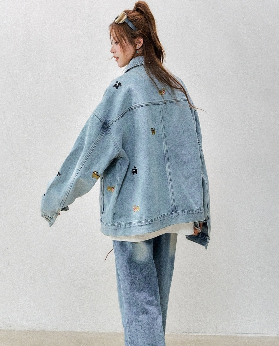 Cute Cat Dog Embroidered Denim Jacket