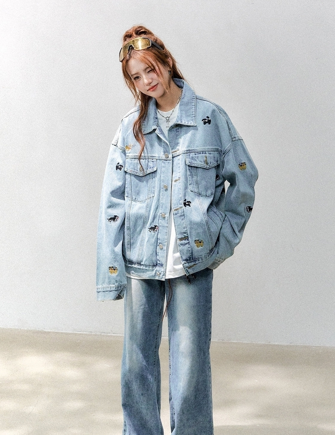 Cute Cat Dog Embroidered Denim Jacket