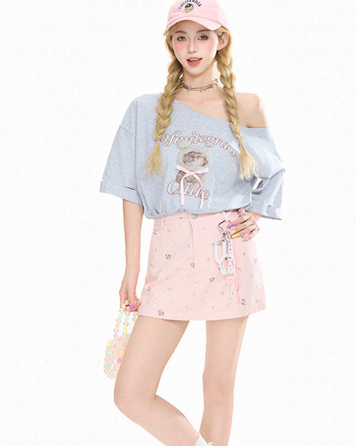Cute Cat Off Shoulder Crop Tee
