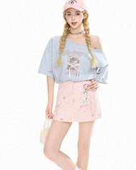 Cute Cat Off Shoulder Crop Tee