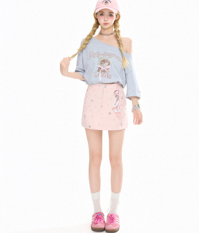 Cute Cat Off Shoulder Crop Tee