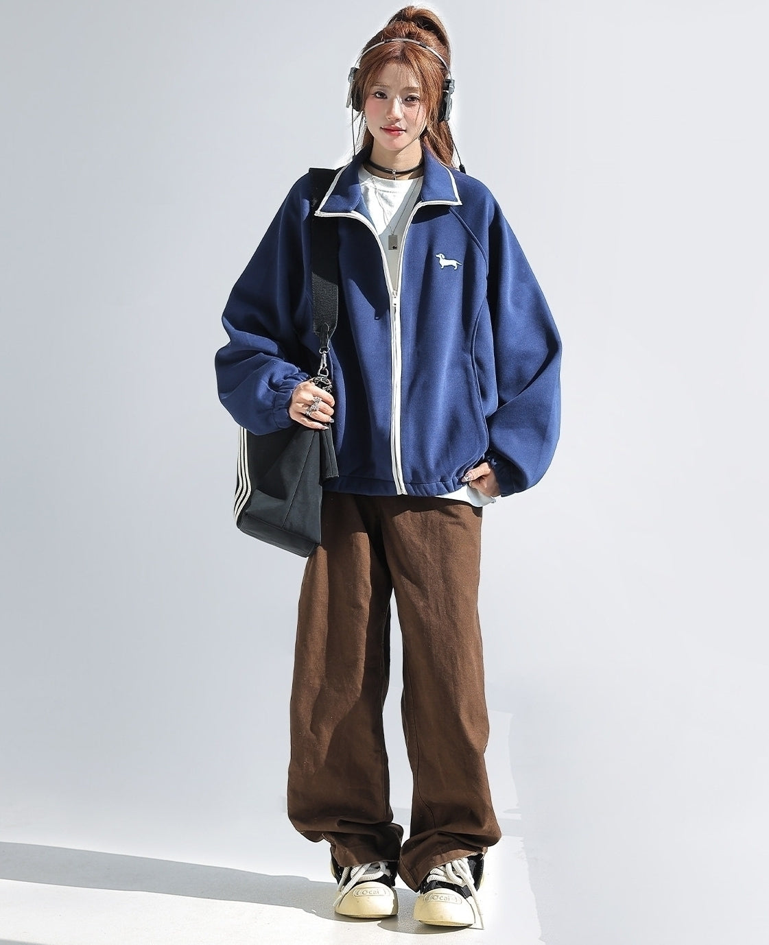 Cute Colorblock Dachshund Embroidered Stand Collar Sweatshirt Jacket