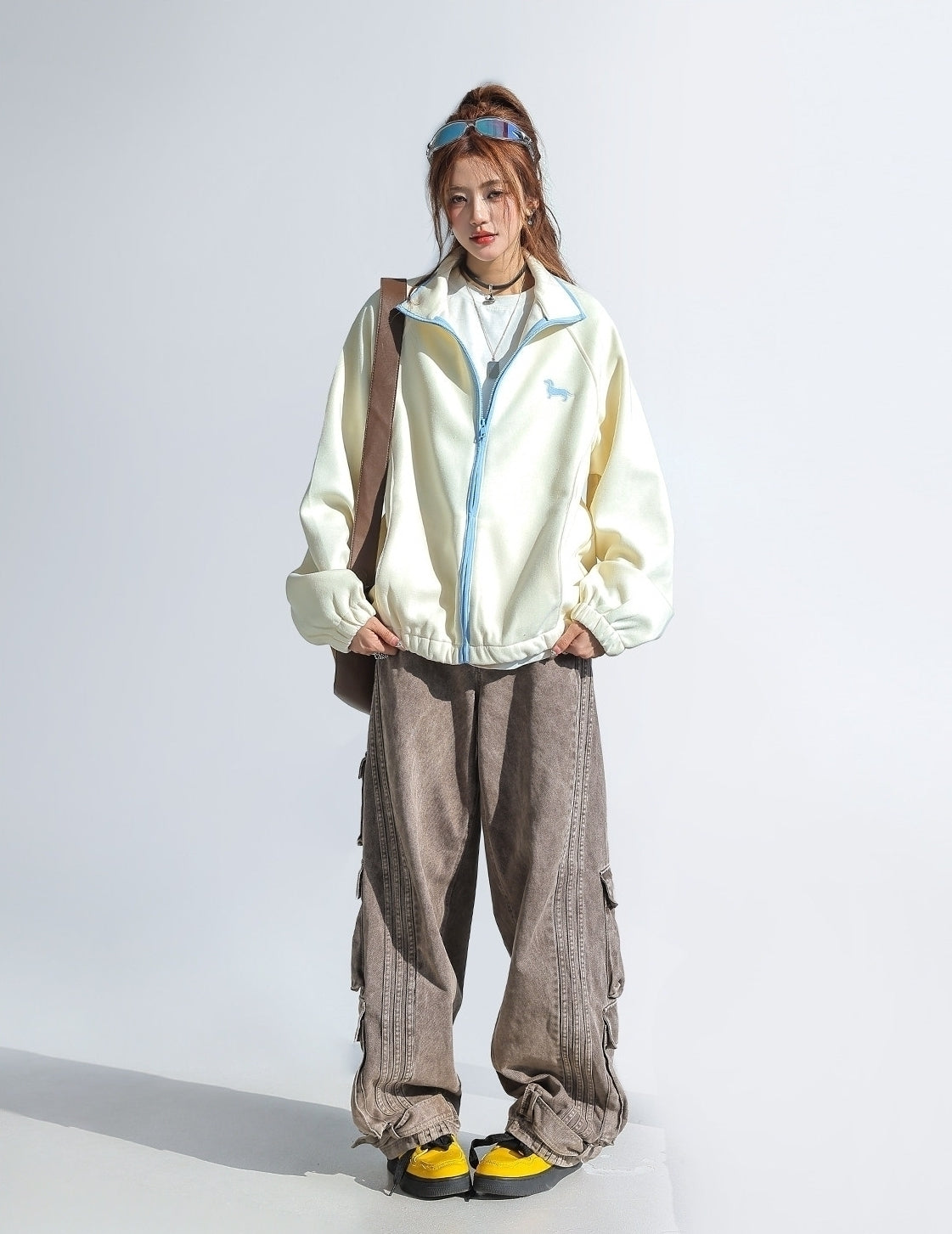 Cute Colorblock Dachshund Embroidered Stand Collar Sweatshirt Jacket