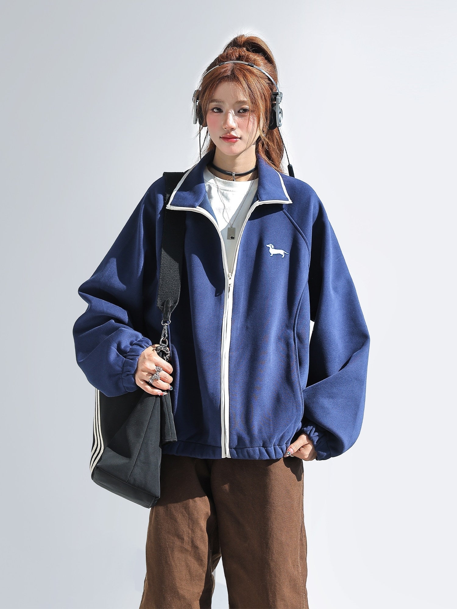 Cute Colorblock Dachshund Embroidered Stand Collar Sweatshirt Jacket