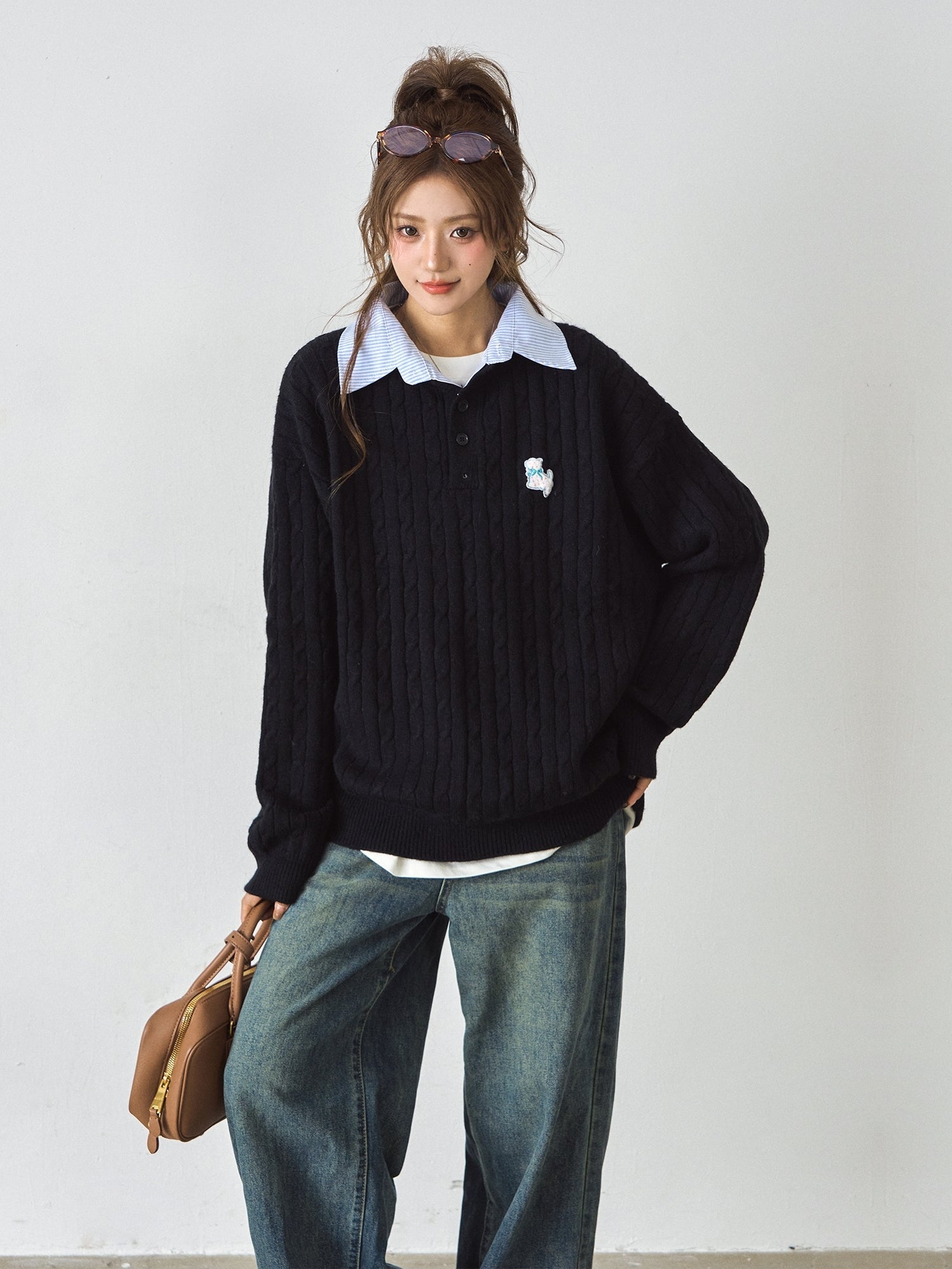 Cute Embroidered Puppy Knit Sweater Layered Style