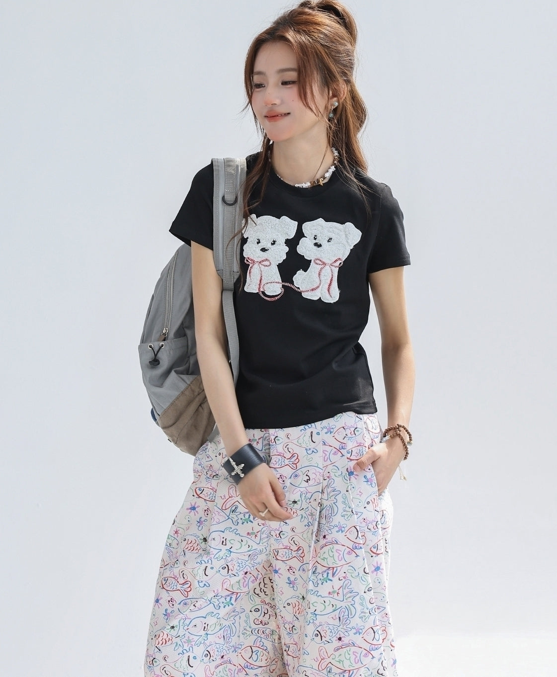 Cute Fluffy Puppy Embroidered Slim Fit T Shirt
