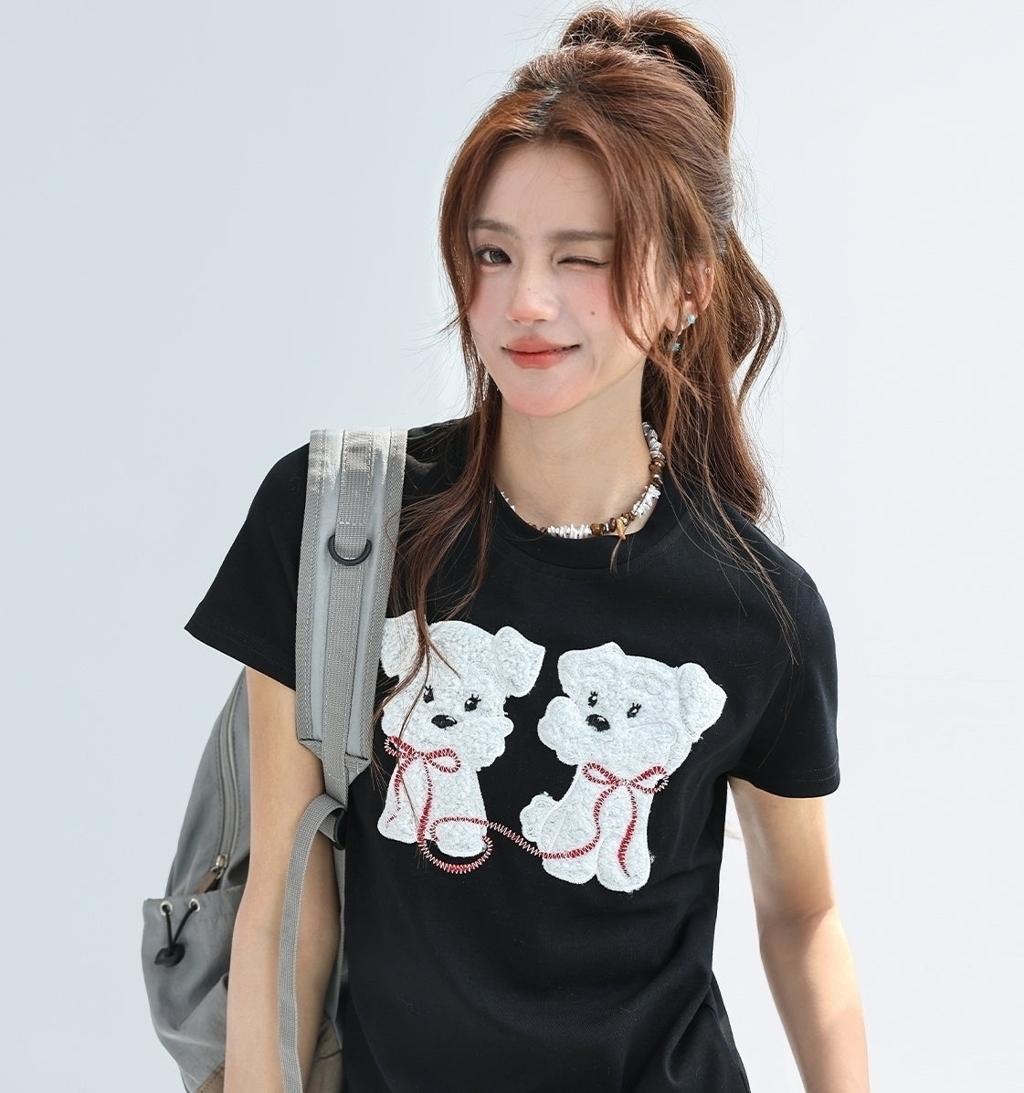 Cute Fluffy Puppy Embroidered Slim Fit T Shirt