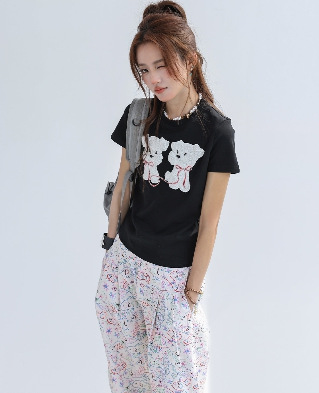 Cute Fluffy Puppy Embroidered Slim Fit T Shirt