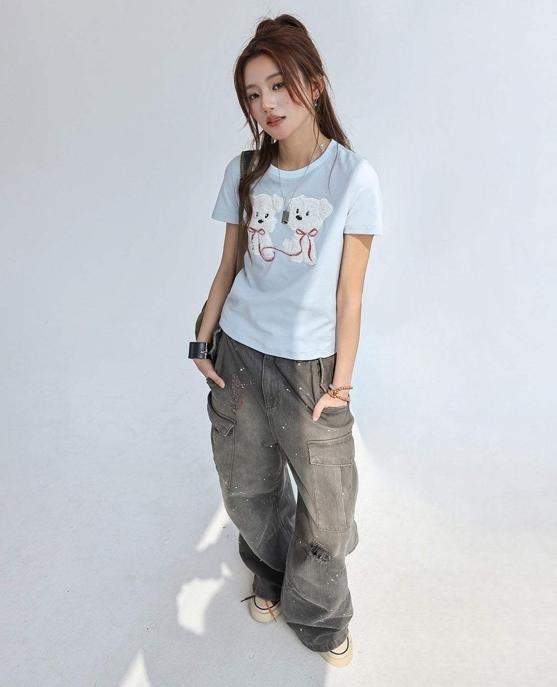 Cute Fluffy Puppy Embroidered Slim Fit T Shirt