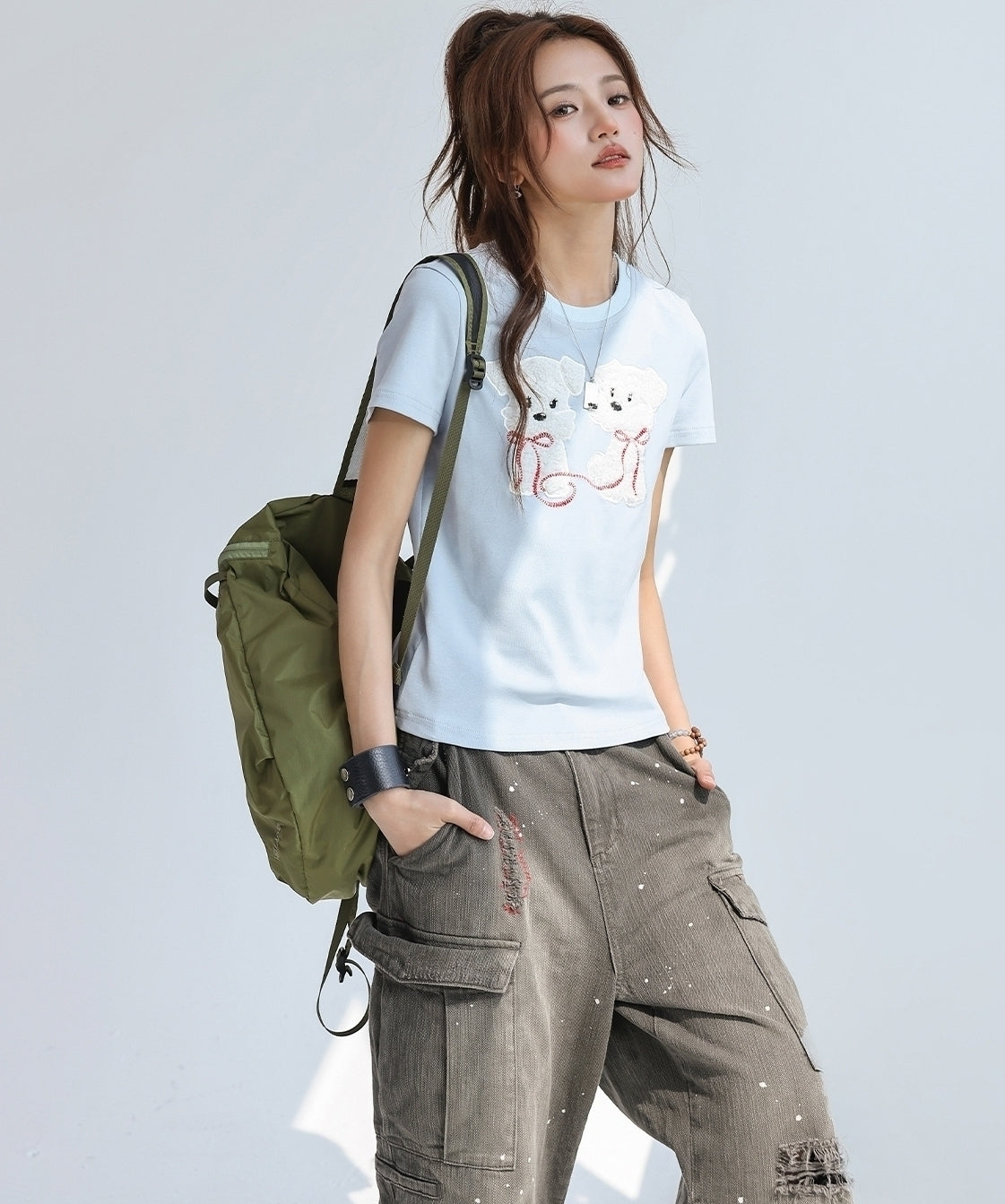 Cute Fluffy Puppy Embroidered Slim Fit T Shirt