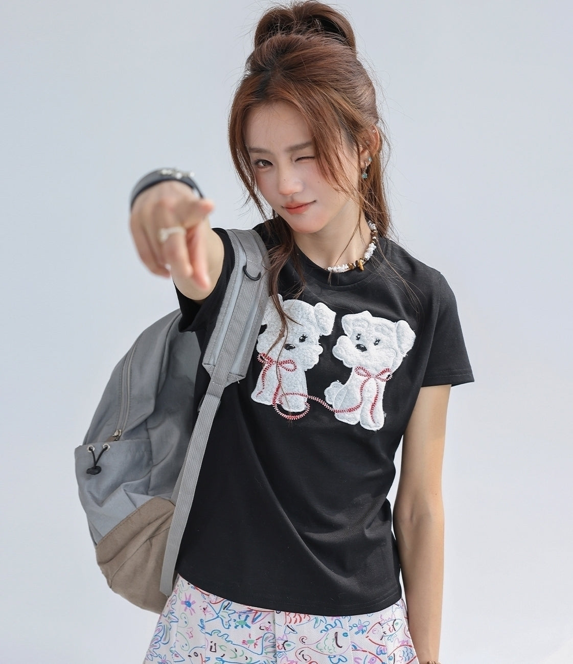 Cute Fluffy Puppy Embroidered Slim Fit T Shirt