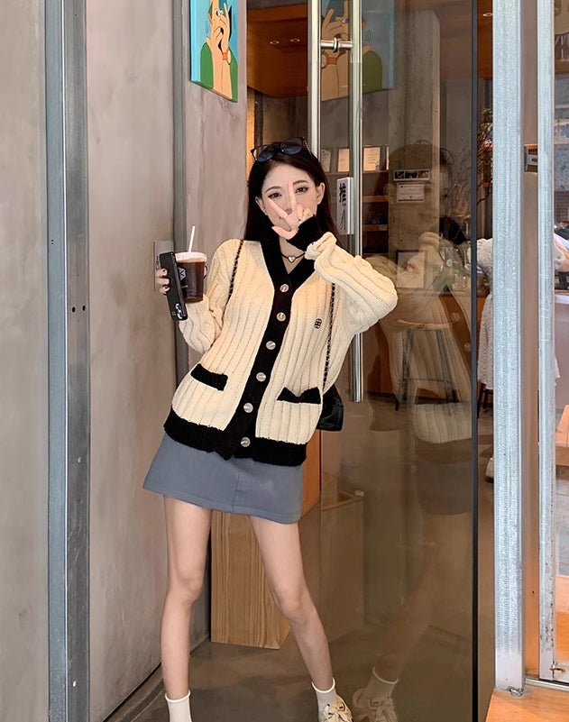 Beige Knitted Front Pocket Cardigan