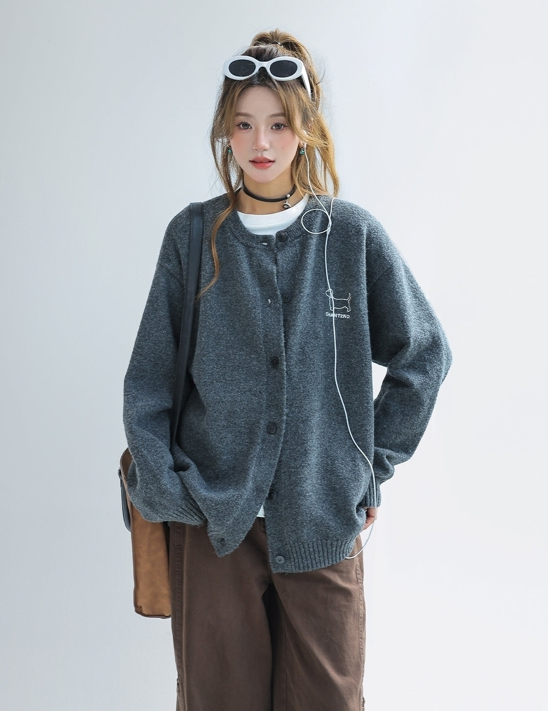 Dachshund Embroidered Knit Cardigan Sweater