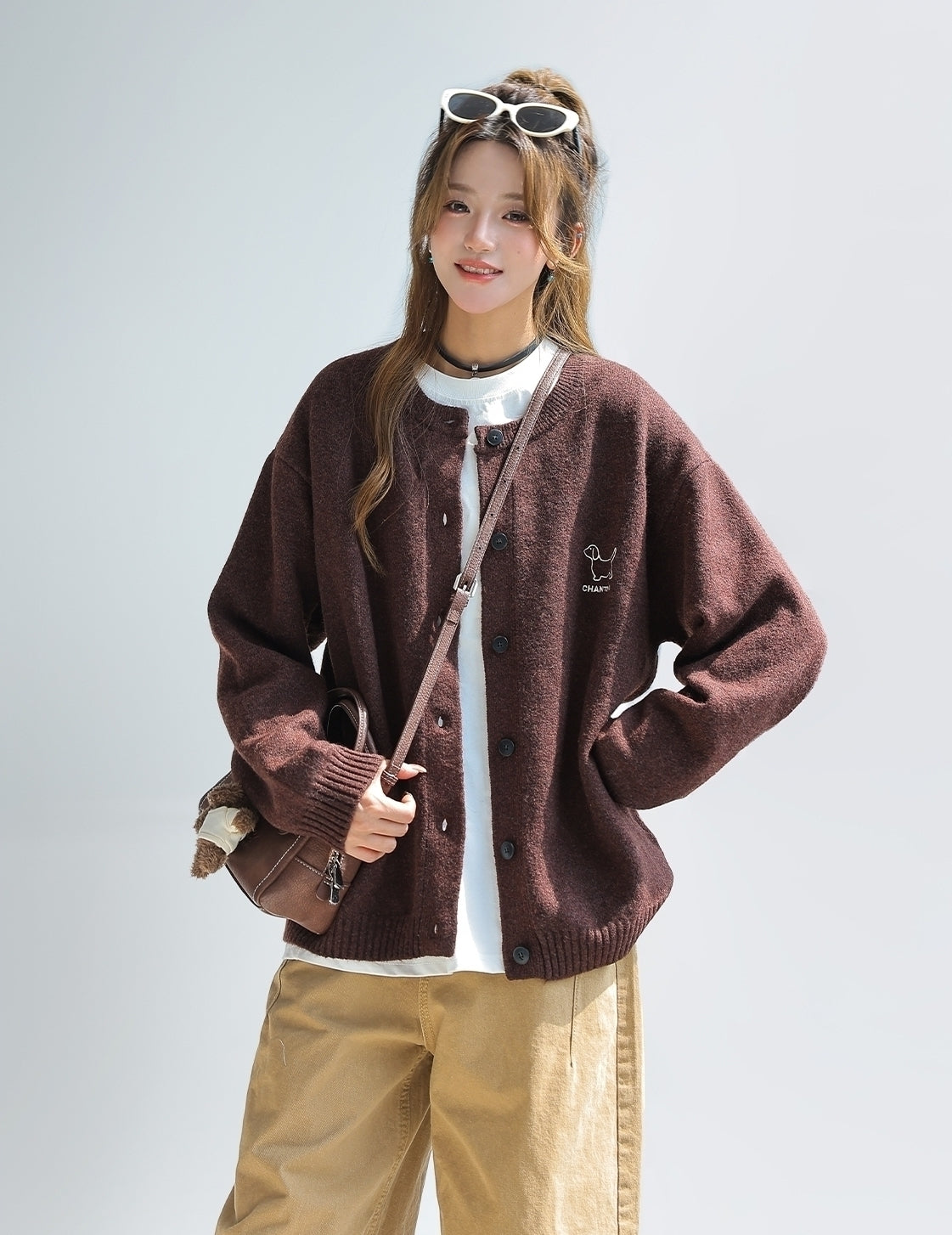Dachshund Embroidered Knit Cardigan Sweater