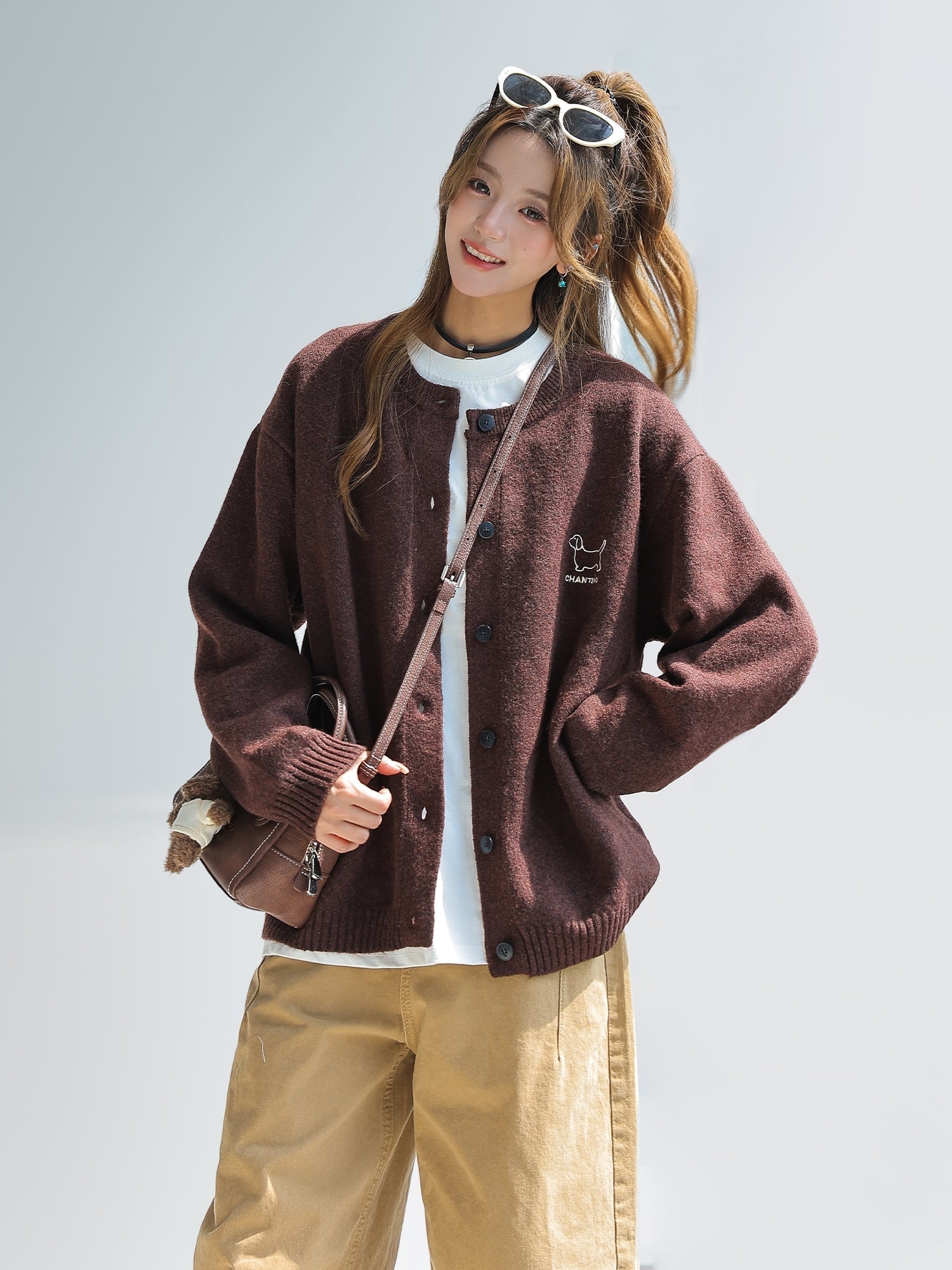 Dachshund Embroidered Knit Cardigan Sweater