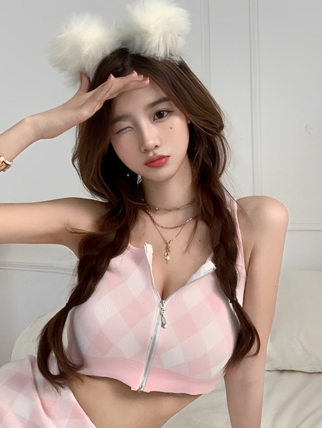 Pink Plaid Cropped Sleeveless Top And Skirt Set
