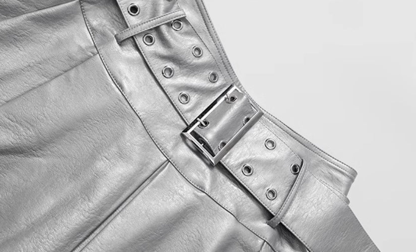 Metallic Grey Faux Leather Belted Skirt