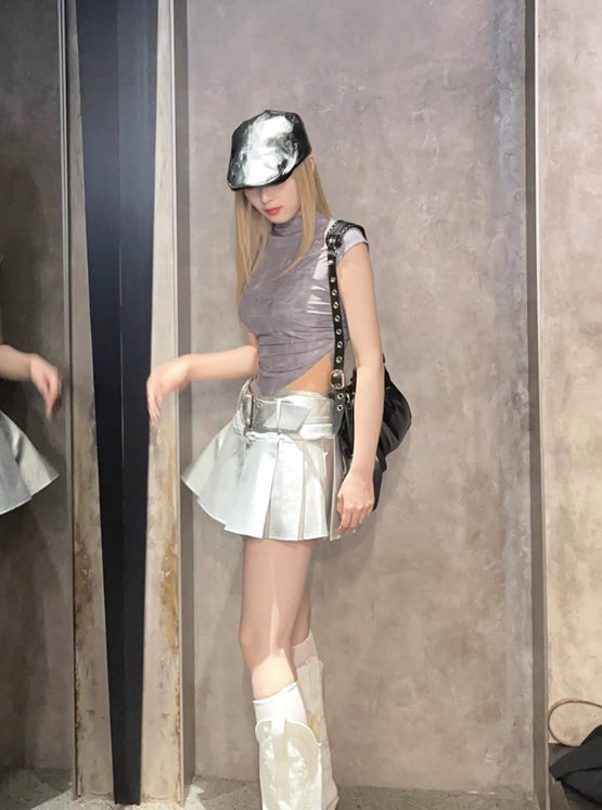 Metallic Grey Faux Leather Belted Skirt