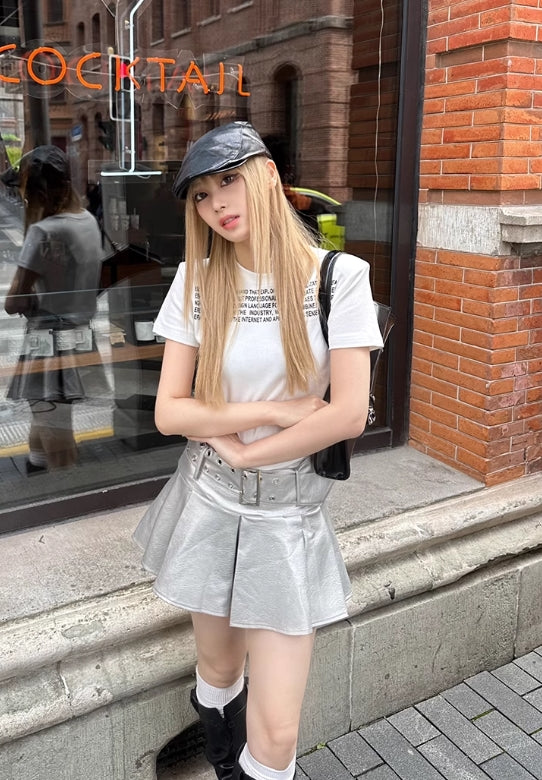 Metallic Grey Faux Leather Belted Skirt