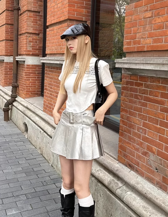 Metallic Grey Faux Leather Belted Skirt