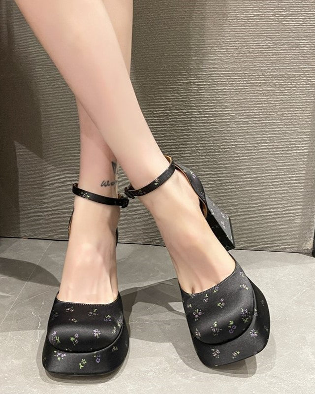 Black Floral Print Platform Heels