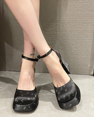 Black Floral Print Platform Heels
