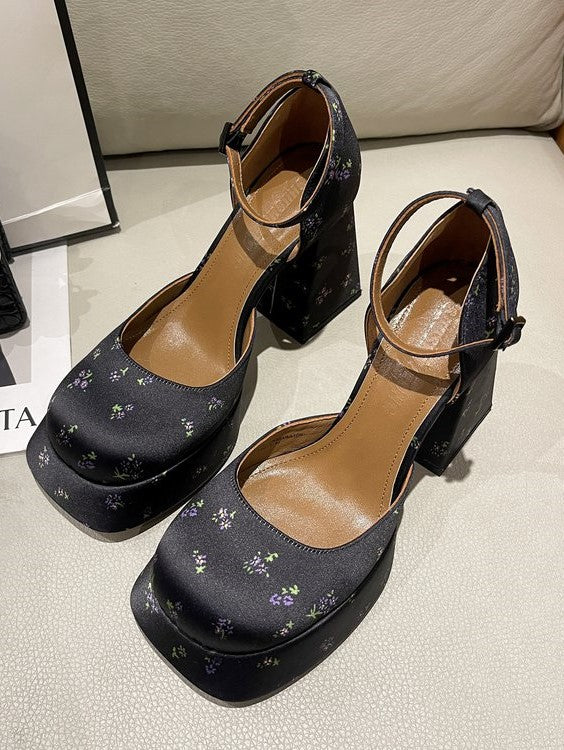 Black Floral Print Platform Heels